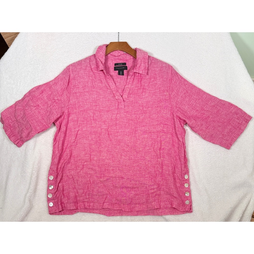 Tahari 100% Linen Top Womens 1X Pink Side Button Tunic V-Neck 3/4 Sleeve Blouse